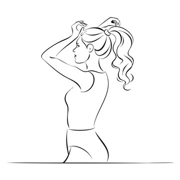 Young woman tying ponytail black line art sketch for morning routine and hairstyling salon concept design on transparent background pattern.