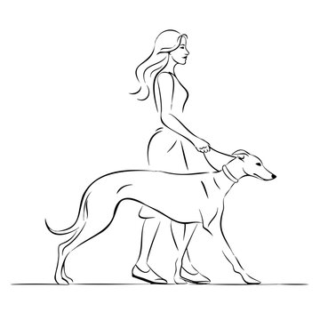 Lady walking greyhound dog on leash using clean continuous ink lines for pet owner lifestyle themes and elegant animal training concepts.
