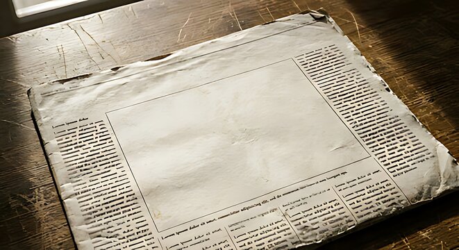 Old vintage newspaper with aged paper texture resting on wooden table surface