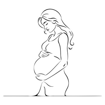 Pregnant woman holding baby bump gently with hands expressing motherhood happiness for maternity clinic services or parenting support programs.