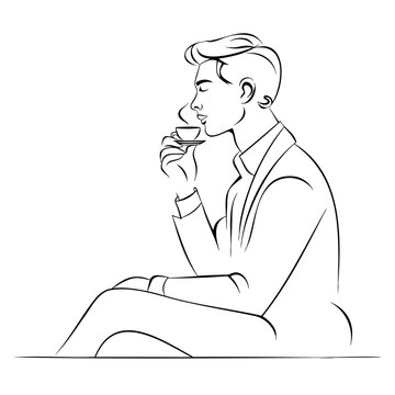 Young man drinking hot coffee sitting comfortably relaxing at cafe atmosphere morning break lifestyle minimalist line graphic art.