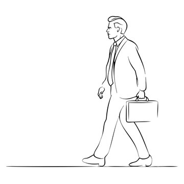 Business man in formal suit holding leather briefcase walking confidently toward workplace success professional career growth project.