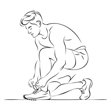Active athletic man kneeling tying shoelaces preparing for running training session workout endurance fitness health motivation.