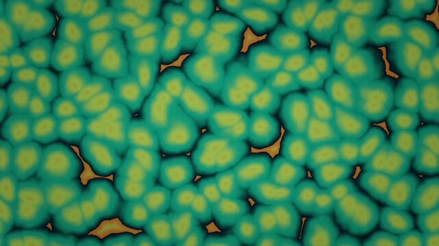 Abstract teal and yellow rounded forms shifting in a densely clustered textured pattern