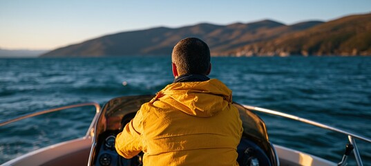 Fototapeta premium Man steering leisure boat toward open sea from helm