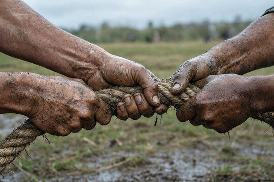 Muddy hands pulling rope in a competitive tug of war game for Indonesian Independence Day