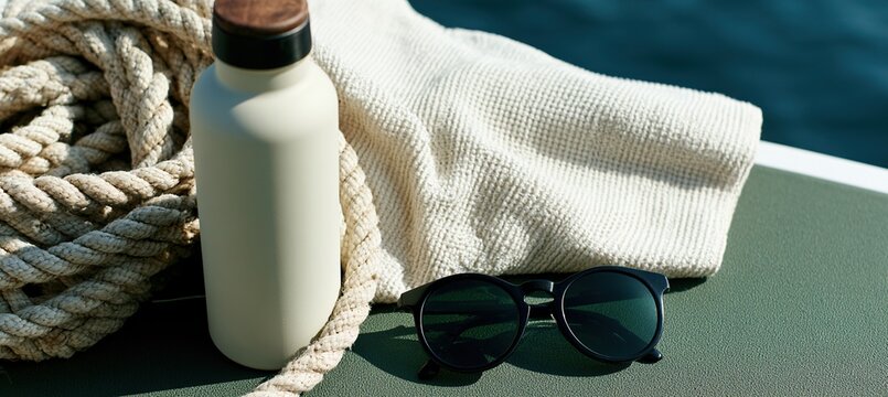 Personal boat care essentials arranged on deck with rope, reusable bottle, cloth, and sunglasses