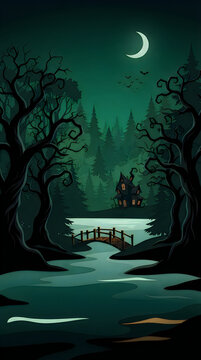 Haunted House by the Lake at Night Illustration
