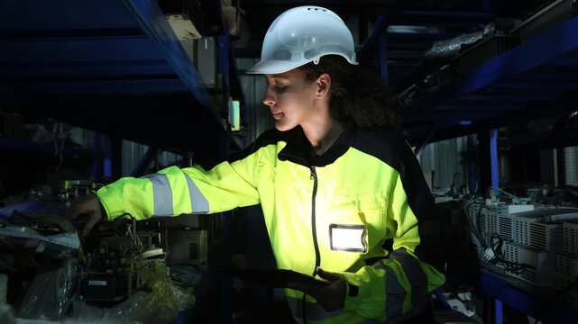 Female factory worker inspects robot spare parts on shelves selecting the correct model and serial number which are then recorded on a tablet.