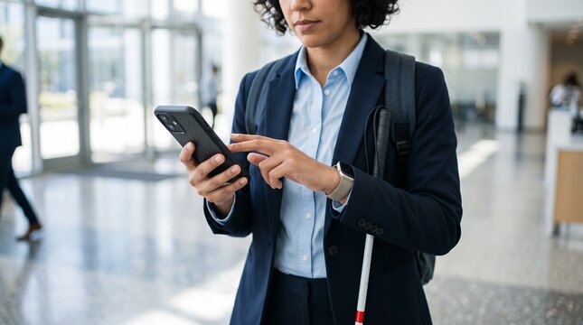 A professional woman in a suit uses her smartphone in a modern office lobby, symbolizing connectivity and the fast-paced corporate world.