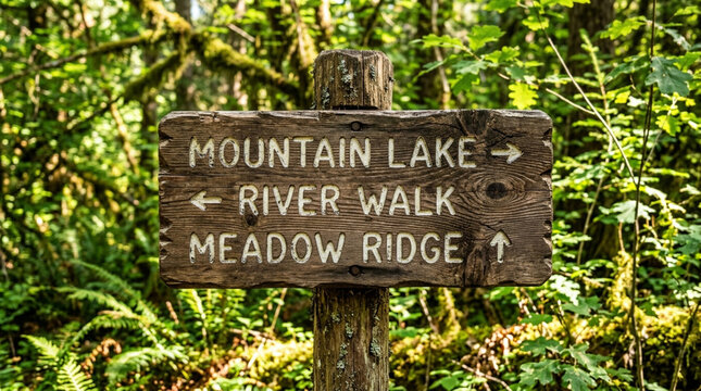 Wooden trail sign in forest directing to Mountain Lake, River Walk, Meadow Ridge