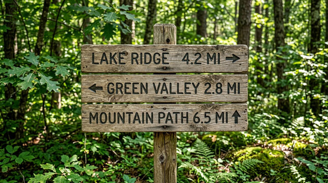 Wooden Trail Sign in Forest: Lake Ridge, Green Valley, Mountain Path