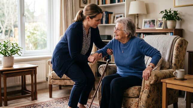 A caregiver gently assists an elderly woman with a walking cane, offering support and comfort in a warm, homey living room setting, illustrating compassion and intergenerational connection.
