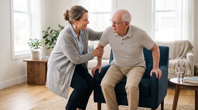 A kind caregiver gently assists an elderly man as he rises from a comfortable chair in a brightly lit, warm living room, conveying a sense of compassion and care.