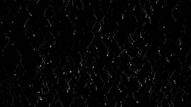 Scattered alphanumeric characters shifting through dark space with varied brightness and sparse distribution