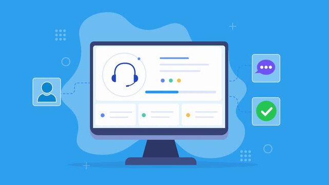 Modern flat vector animation of a desktop monitor displaying a customer support interface with headset, chat, user, and confirmation icons for digital service concepts.