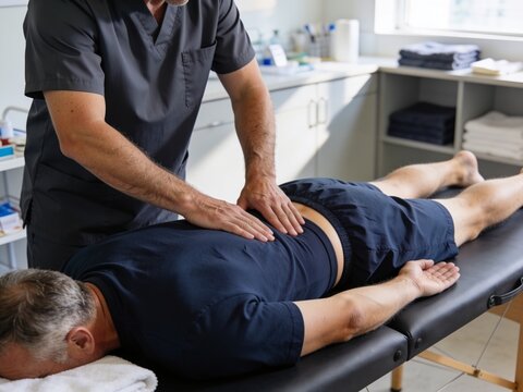 Physical therapist applying manual therapy to lower back of prone patient