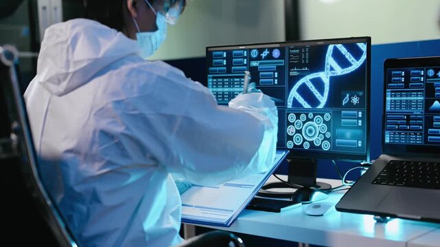 Scientist in protective hazmat suit analyzes DNA data and scientific charts on a modern computer screen in a high tech medical laboratory