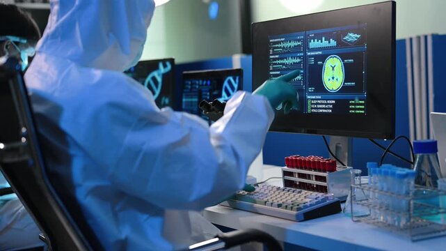 Scientists in protective hazmat suits analyze brain scan data, MRI diagnostics, and neural analytics on dual monitors in a high tech modern medical laboratory