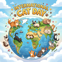 Fototapeta premium International Cat Day globe illustration with cats on continents.