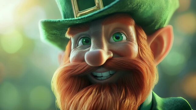 3D rendering of a cheerful leprechaun with red hair and beard.