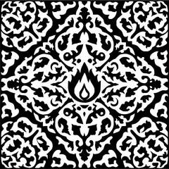 Fototapeta premium Detailed black and white floral pattern with a central flame design in a square format illustration