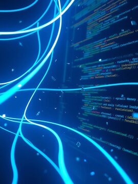 Glowing blue lines and code fragments floating in mid-air, programming, technology