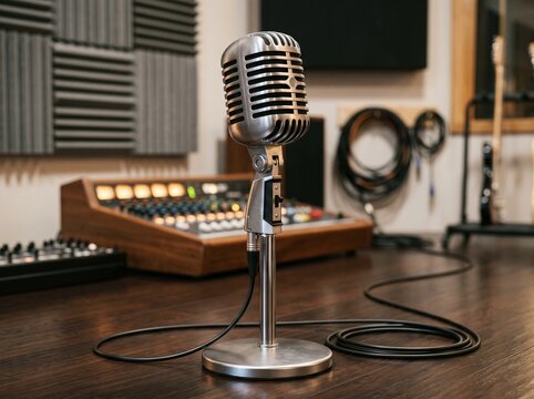 Retro studio microphone on wooden table in recording studio with microphone