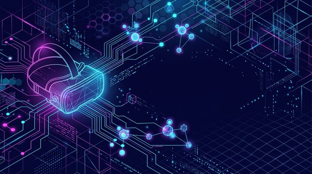 Futuristic Dark Metaverse Background with Glowing Neon VR Headset Wireframe and Copy Space