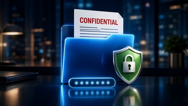 Secure confidential document folder with glowing green protection shield and password interface sitting on a dark glossy desk in a modern corporate office at night.
