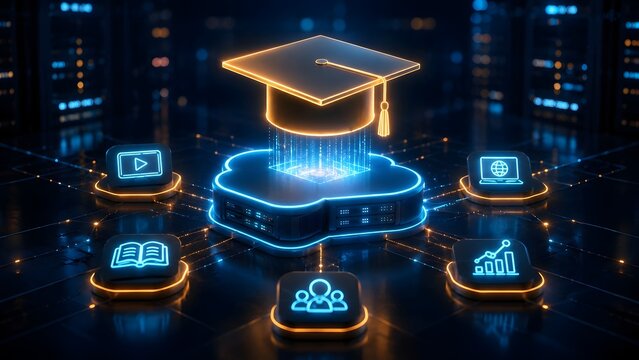 Cloud Based Online Education Platform Concept with Neon Graduation Cap and Digital Learning Icons on Server