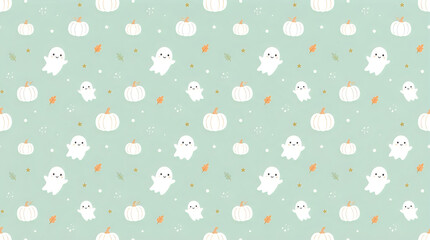 Cute ghost and pumpkin halloween pattern with light green background