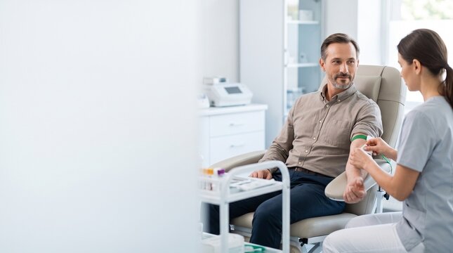 A patient calmly undergoes a blood draw procedure while a nurse attentively prepares the needle, showcasing a moment of routine healthcare in a well-lit examination room.