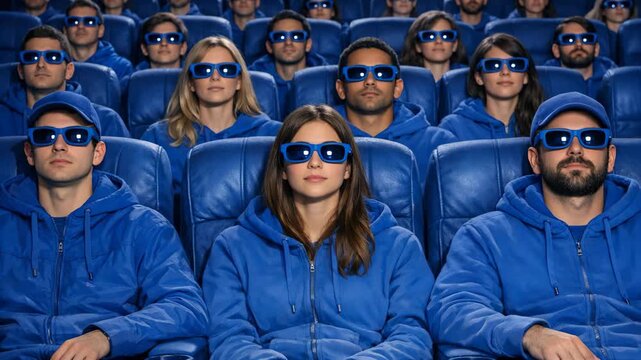 Group of people wear blue 3D glasses in cinema. They sit in rows on blue seats. Audience dressed in matching blue hoodies. Everyone focused on screen in dark room. Scene shows attentive, calm crowd