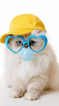 Cute fashionable cat in a cap with heart-shaped glasses blowing bubble gum