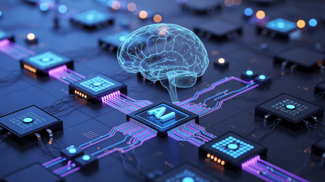AI brain chipset on circuit board, artificial intelligence deep learning and computer processing in digital world.
