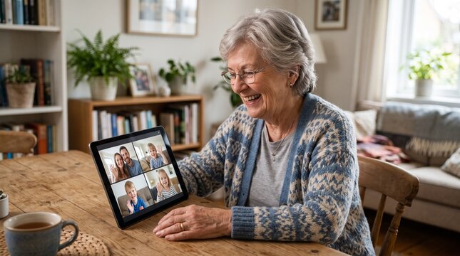 An elderly woman with a warm smile enjoys a video call with her family on a tablet, connecting loved ones across distance.
