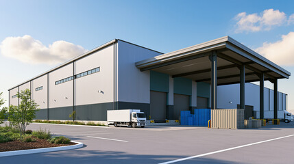 Naklejka premium Modern Logistics Warehouse Exterior with Loading Docks and Distribution Center