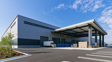 Fototapeta premium Modern Logistics Warehouse Exterior with Loading Docks and Distribution Center