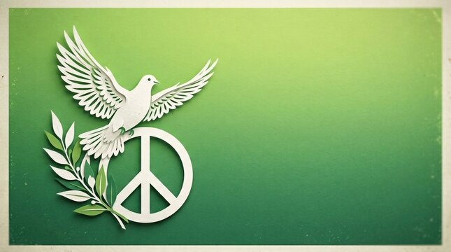 A white dove flying over a peace sign with olive branch on green background symbolizing harmony and serenity in a natural setting with calming colors