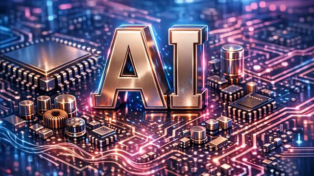 A digital showcasing a glowing circuit board underlined by the acronym 'AI' for Artificial Intelligence.