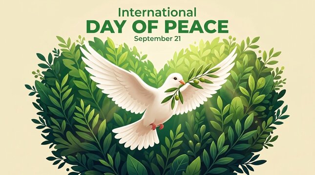 International day of peace illustration with white dove holding olive branch surrounded by green leaves on beige background
