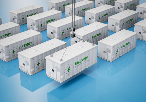 Group of energy storage systems or battery container units isometric