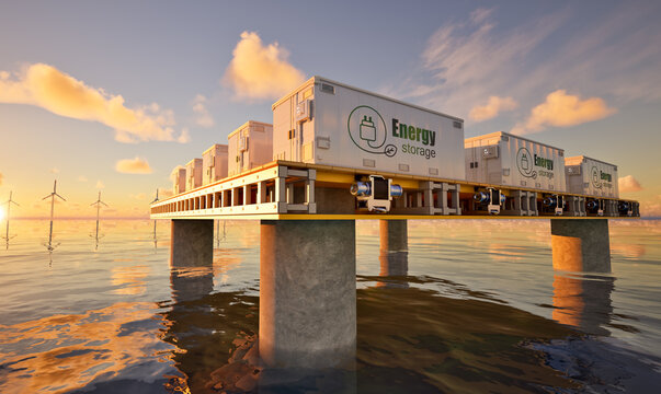 Floating energy storage systems with wind turbines on offshore platform