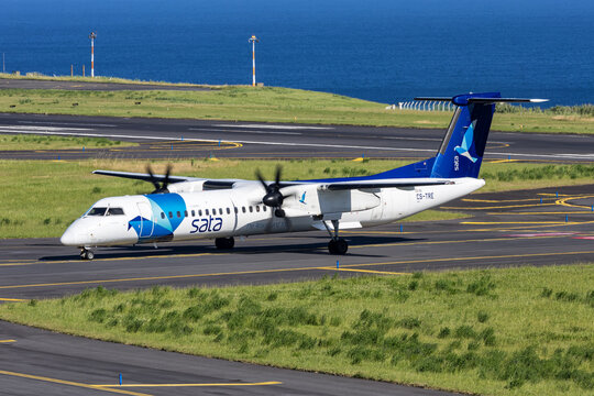 SATA Air Acores Bombardier Dash 8-Q400 airplane at Ponta Delgada airport in Portugal