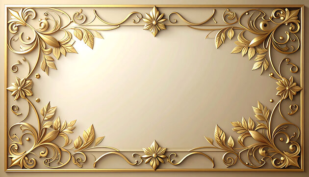 Elegant golden floral frame with 3D metallic filigree border and copy space for luxury invitation design