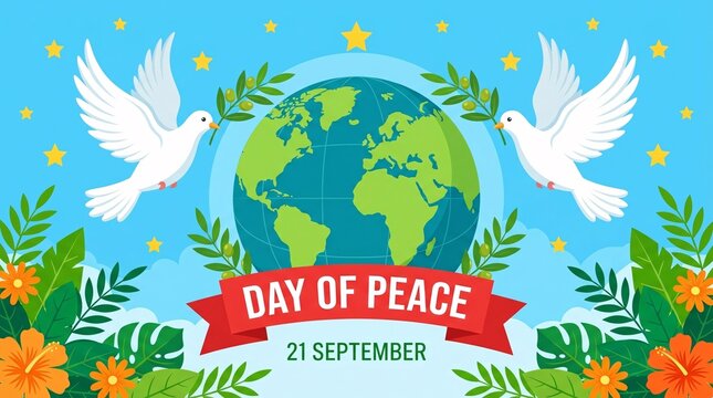 International day of peace illustration with doves and globe on blue background with flowers and stars