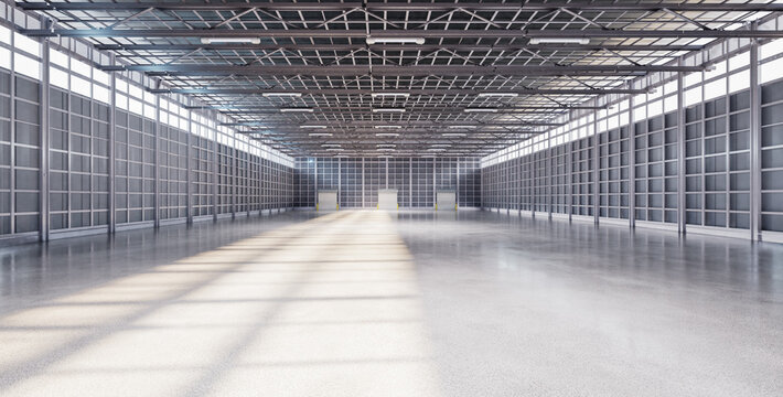 Empty factory interior filled with natural light