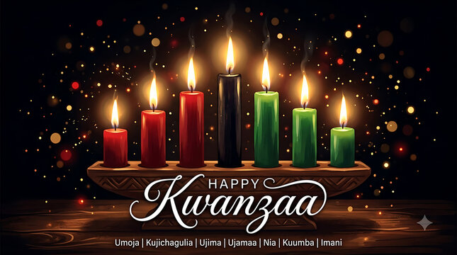 Kwanzaa holiday greeting card with kinara, seven burning candles in red black and green, festive bokeh background with seven principles
