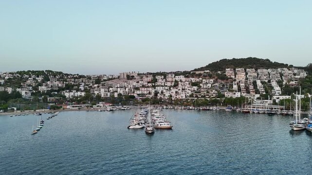 Aerial Drone Flyover Bodrum Marina Bay Turkey Dusk
